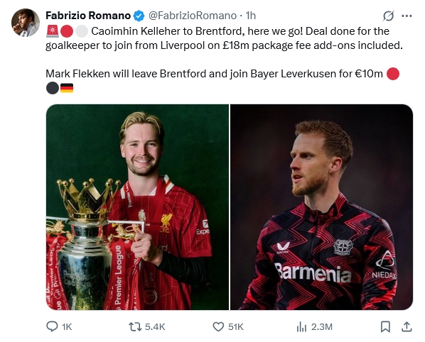Thủ môn Caoimhin Kelleher chính thức gia nhập Brentford với giá 18 triệu bảng
